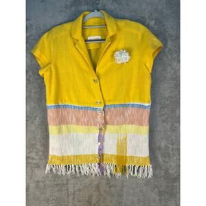 VTG David Warren Linen Blouse Medium Tapestry Fringe Tropical Summer